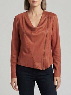 Draped Suede-Look Asymmetrical Zip Jacket in Rust
